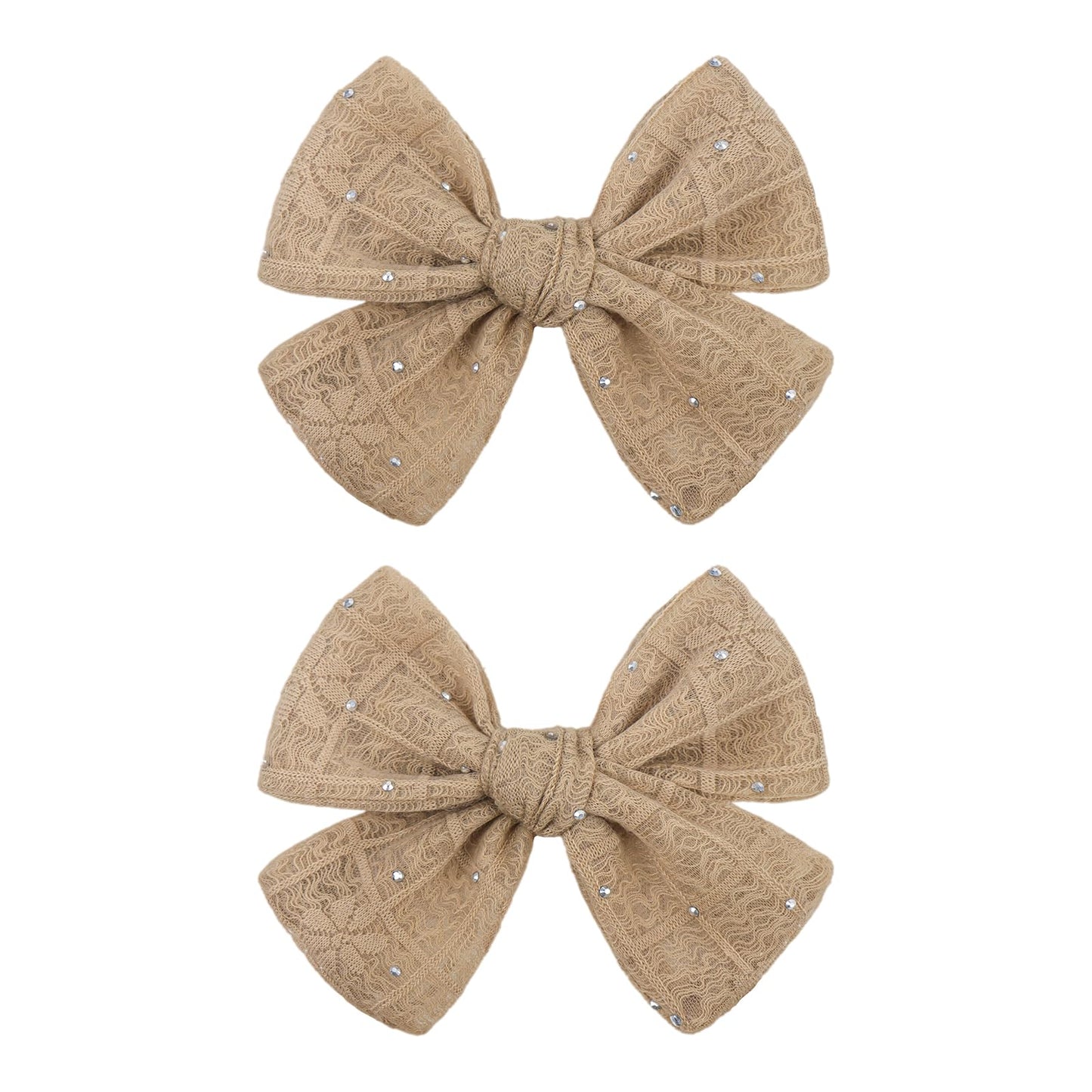YanJie 2PCS Lace Hair Bow Clips 4 Dark Beige Alligator Barrettes Bows with Rhinestone Baby Girl Hair Accessories for Infant Todd