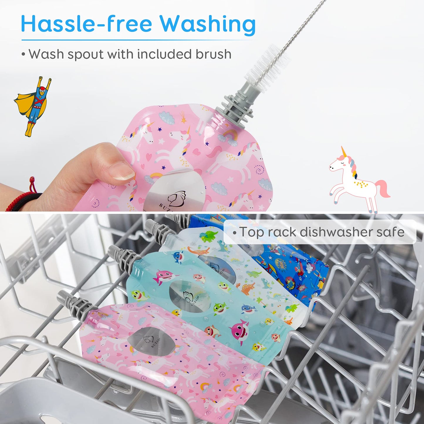 Buzio Reusable Food Pouches, 12 Packs 5Oz Toddlers Food Storage Pouch, Double Zipper Squeeze Pouches Freezer Safe For Kids Diy H