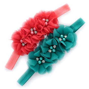 My Lello Girls Flower Headbands Toddler Fabric Beaded Trio Stretchy Elastic Pair (Coral/Jade)