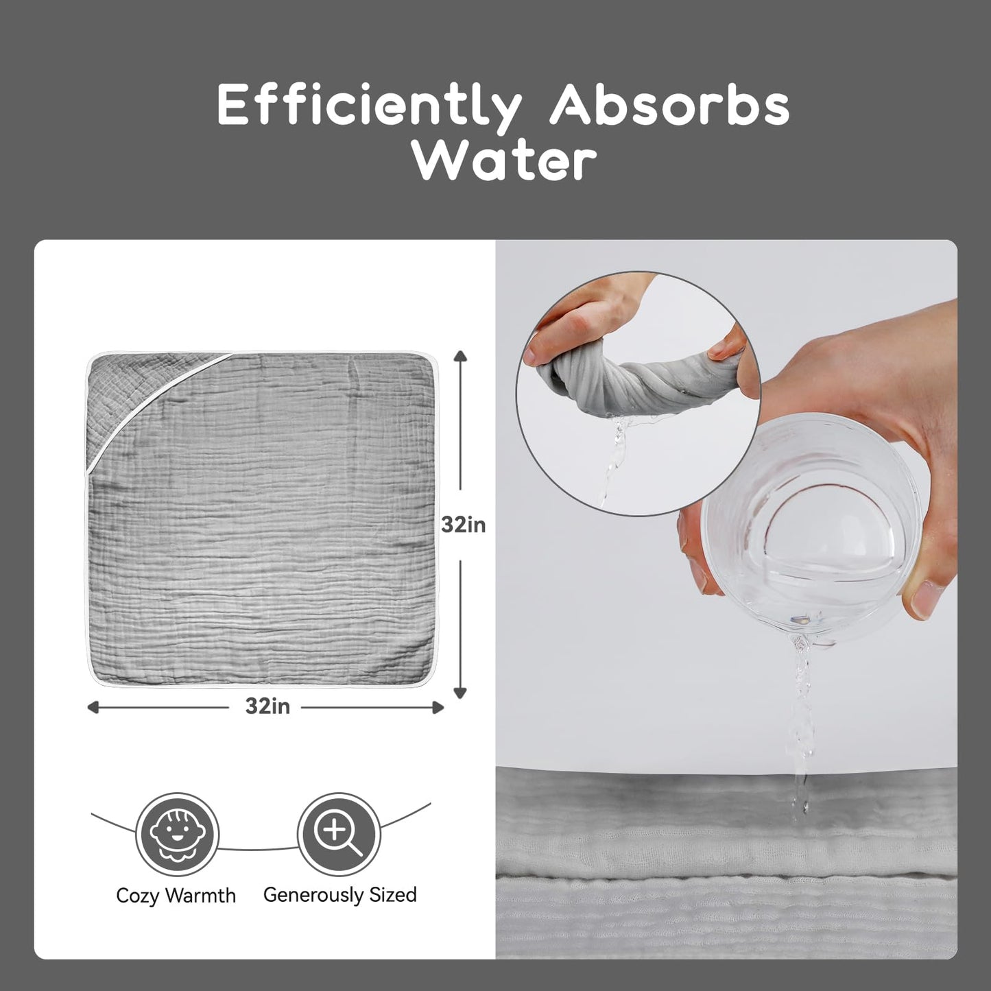 Arnzion Baby Hooded Towels For Babies And Toddlers, Muslin Baby Bath Towel Soft And Absorbency For Boys (L Grey White 2)