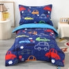 Wowelife Car Toddler Bedding Sets For Boys 4 Piece Blue Vehicle Toddler Bed Sheet Sets Bed-In-A-Bag Comforter Set For Kids Boys