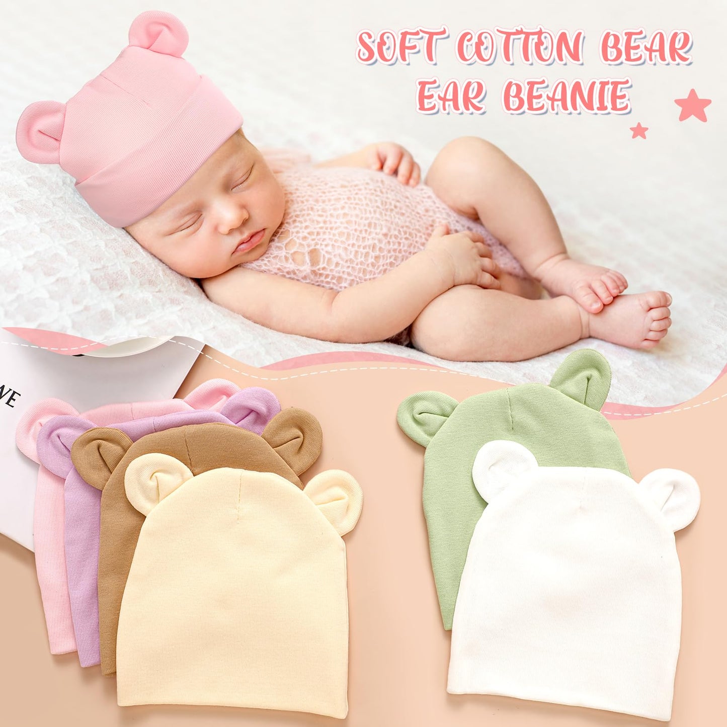 Toulite 6 Pcs Preemie Hats Cotton Preemie Caps Cute Beanie Bear Ears Hospital Cap For Premature Baby Boys Girls(Light Colors,Sol