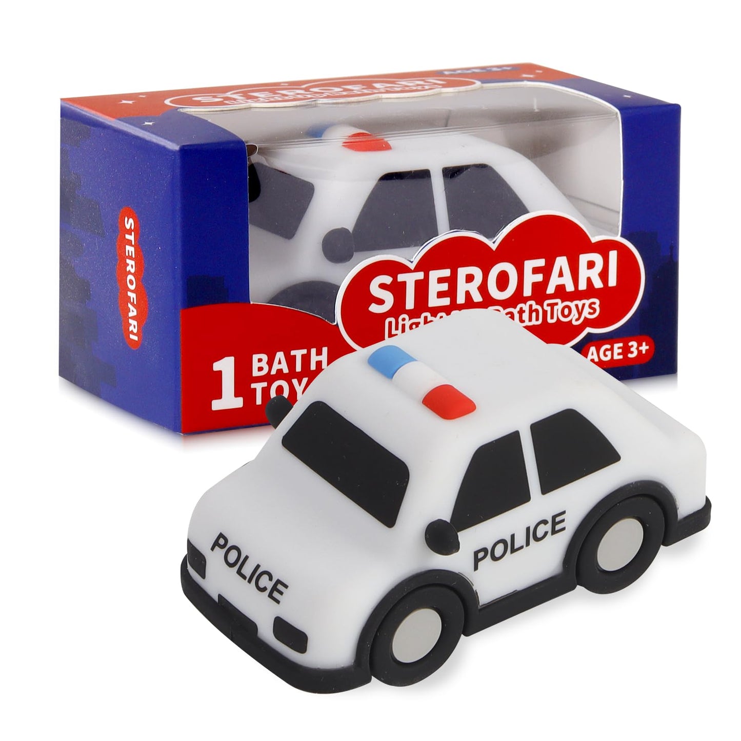 Sterofari Light Up Bath Toy -Police Car, 100% Food Grade Silicone Bathtub Toys, Shake-Activated Light Up Airplane Toy Flash & Li