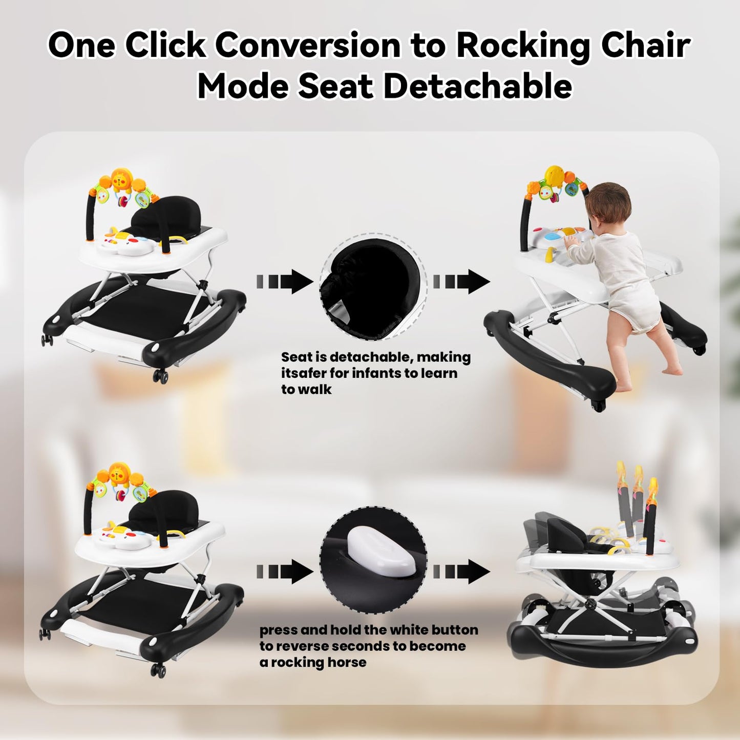 Refoerebabe Baby Walker With Wheels, 5 In 1 Baby Walkers For Boys Girls 6-12 Months, Foldable Walker Baby With Bouncer & Feeding