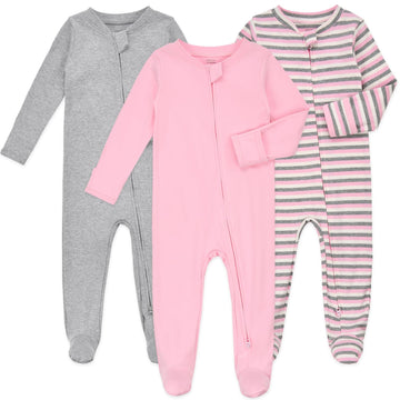 Aablexema Baby Footie Pajamas With Mittens - 3Pcs Infant Footed Sleeper Cotton Sleepwear Outfits(Pink/Grey/Stripe,9-12M)