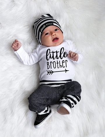 Fommy Newborn Baby Boy Clothes Little Brother Long Sleeve Romper+Long Pants+Stripe Hat 3Pcs Little Brother Newborn Outfit