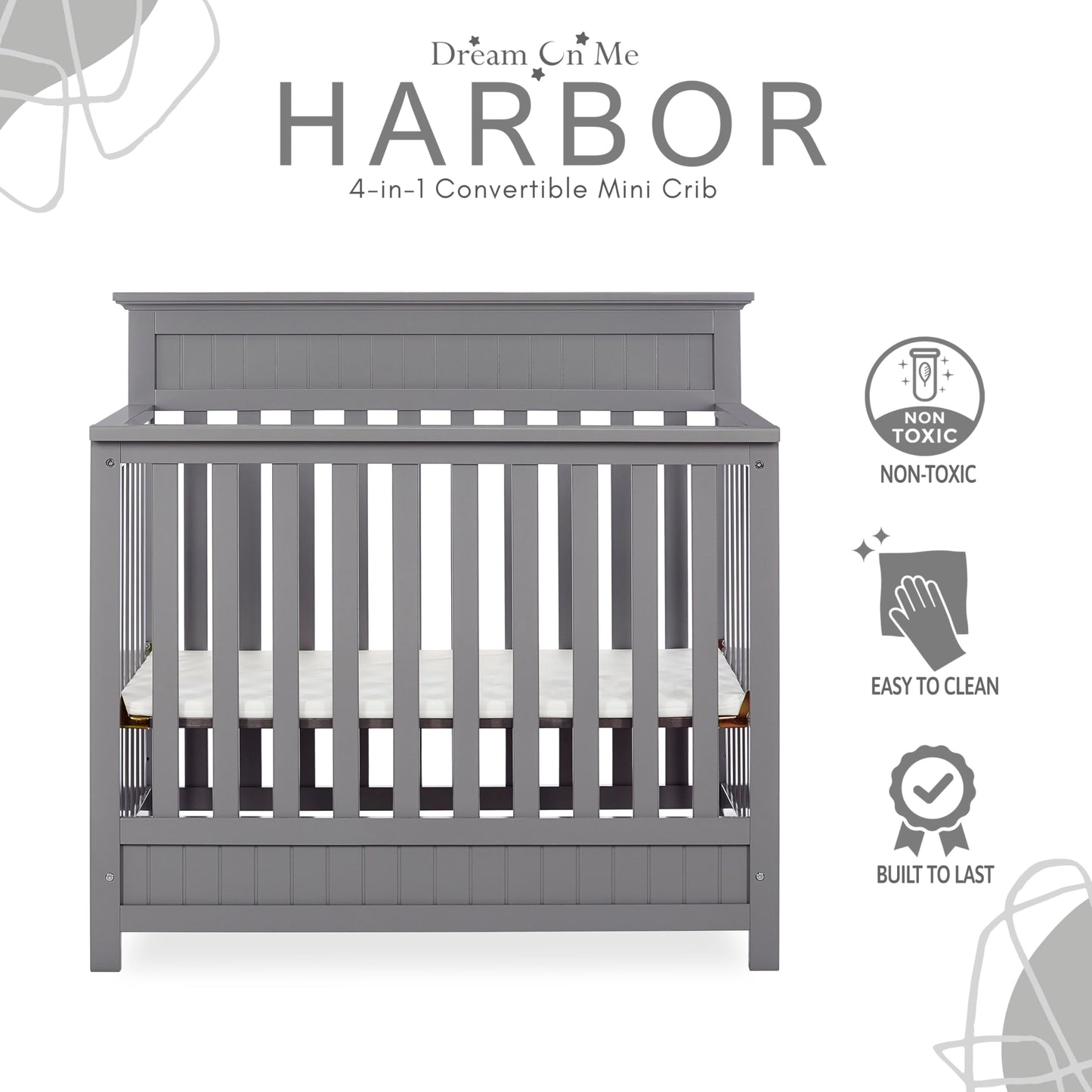 Dream On Me Harbor 4-In-1 Convertible Mini Crib In Storm Grey, Greenguard Gold Certified