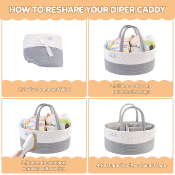 Philorn Diaper Caddy Organizer, Cotton Rope Diaper Caddy Basket, Woven Diaper Caddy With Dividers, Nursery Storage Basket For Ch