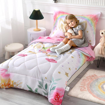 Wowelife Unicorn Toddler Bedding Set For Girls Pink 4 Piece Unicorn Toddler Bed Comforter Set Rainbow White Super Soft And Comfo