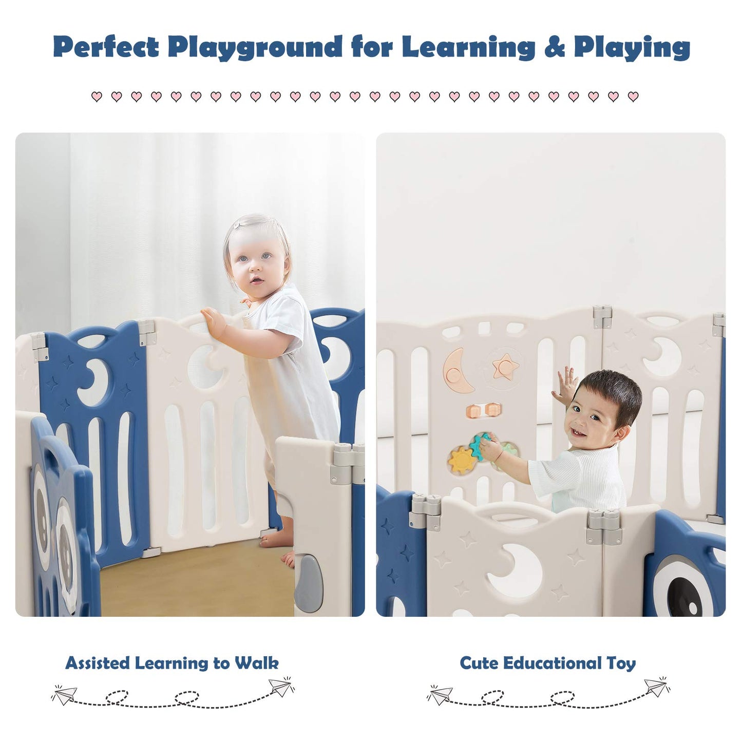 Costzon Foldable Baby Playpen, 14-Panel Baby Fence With Lock Door, Rubber Pads & Anti-Slip Rubber Bases, Indoor Outdoor Safety B