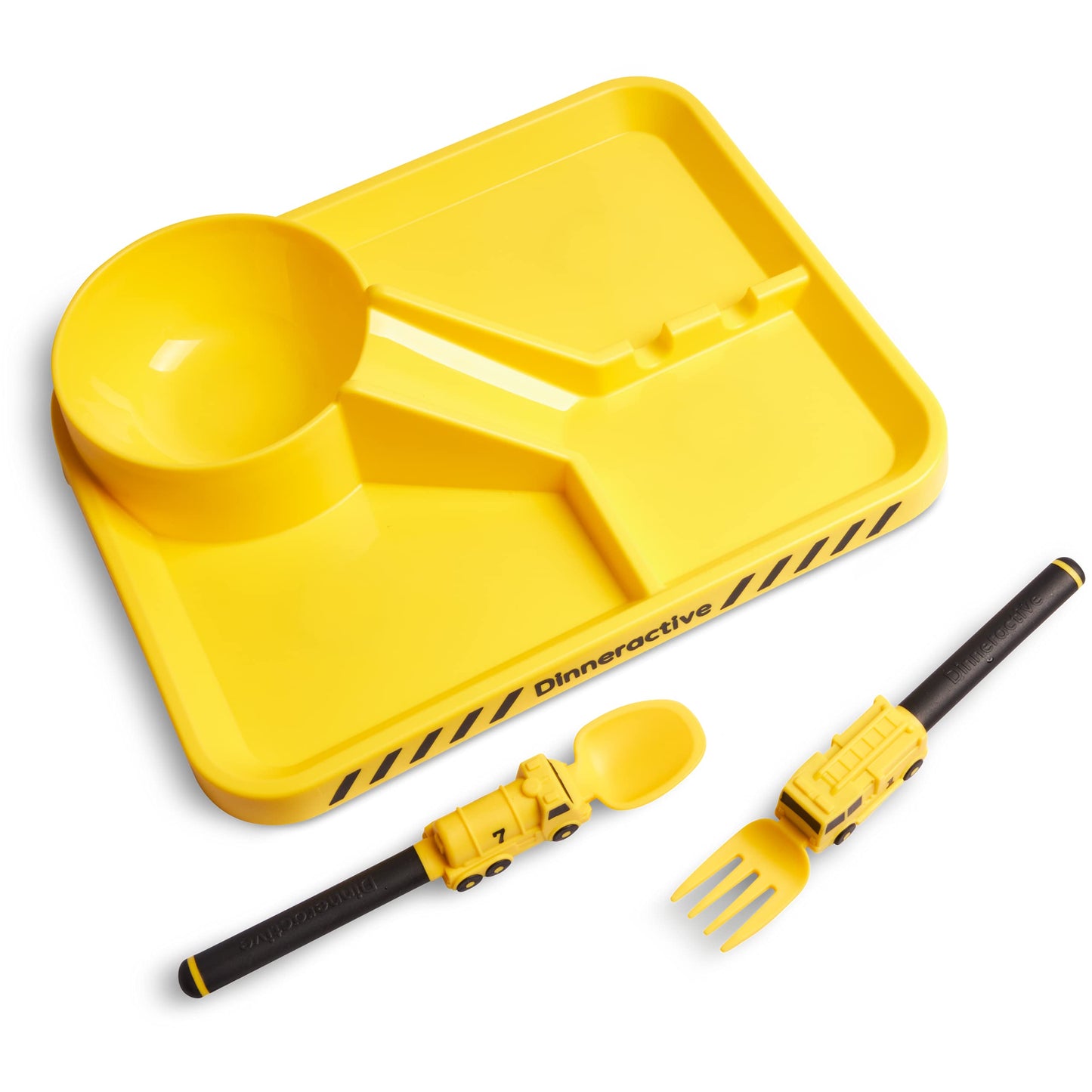 Dinneractive Dining Set For Kids - 3Pc Yellow Firefighter Dinnerware - Fire Truck Utensils - Toddler Plates - Baby Dishes