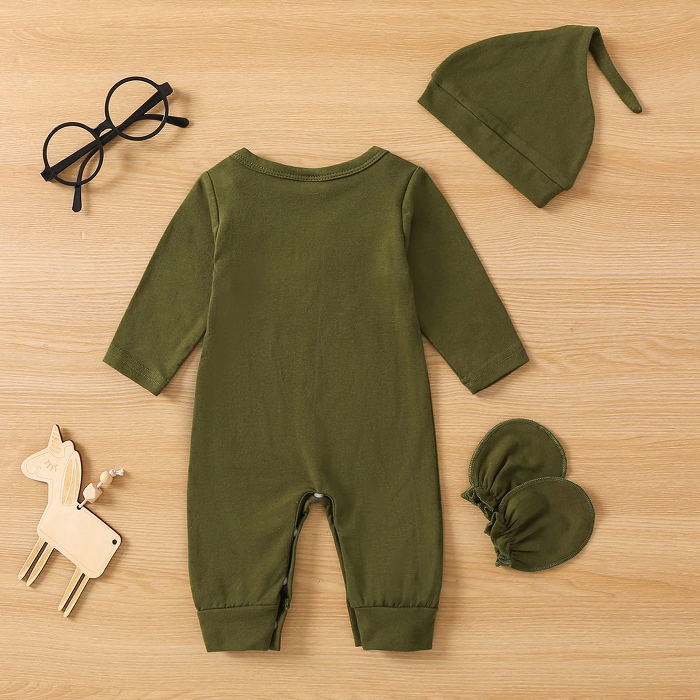 Grnshts Newborn Baby Boy Romper Coming Home Outfits Letter Print Bodysuit Jumpsuit+Hat+Gloves 3Pcs Clothes Set (Army Green, 1-3