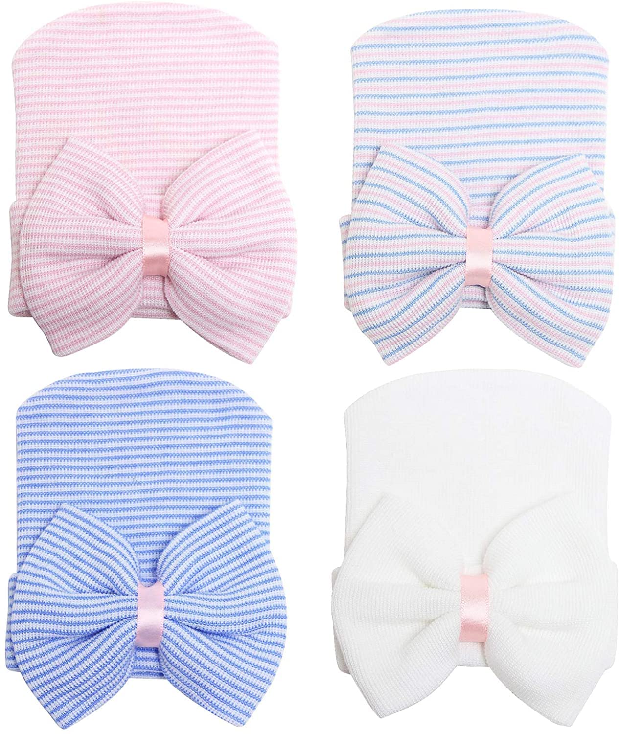 Dreshow Bqubo 4 Pack Newborn Hospital Hat Infant Baby Hat Cap With Big Bow Soft Cute Knot Nursery Beanie