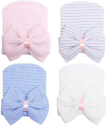 Dreshow Bqubo 4 Pack Newborn Hospital Hat Infant Baby Hat Cap With Big Bow Soft Cute Knot Nursery Beanie