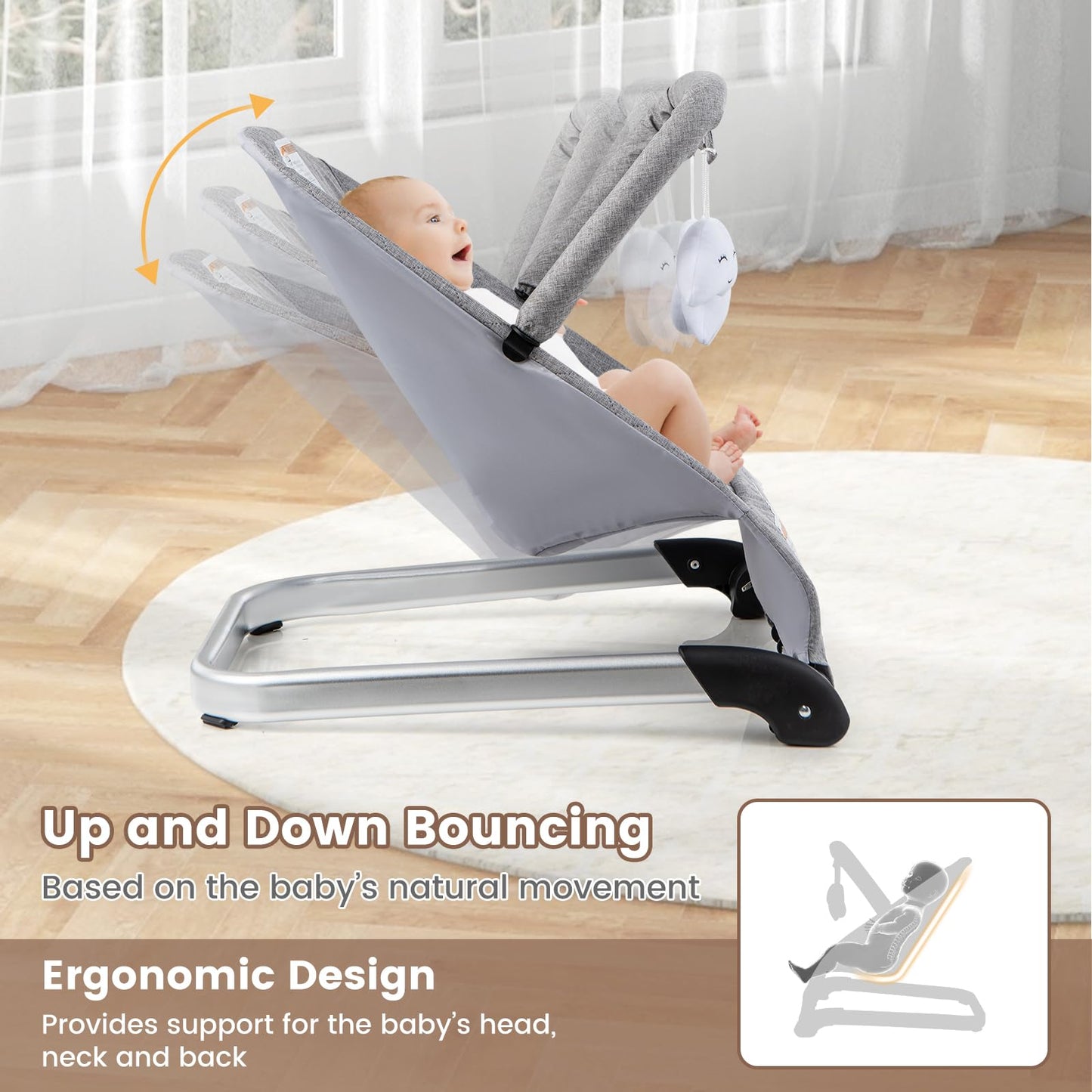 Baby Joy Baby Bouncer, Foldable Baby Bouncer Seat With 5-Point Safety Harness, Removable Fabric Cover & 3 Plush Toys, Portable I