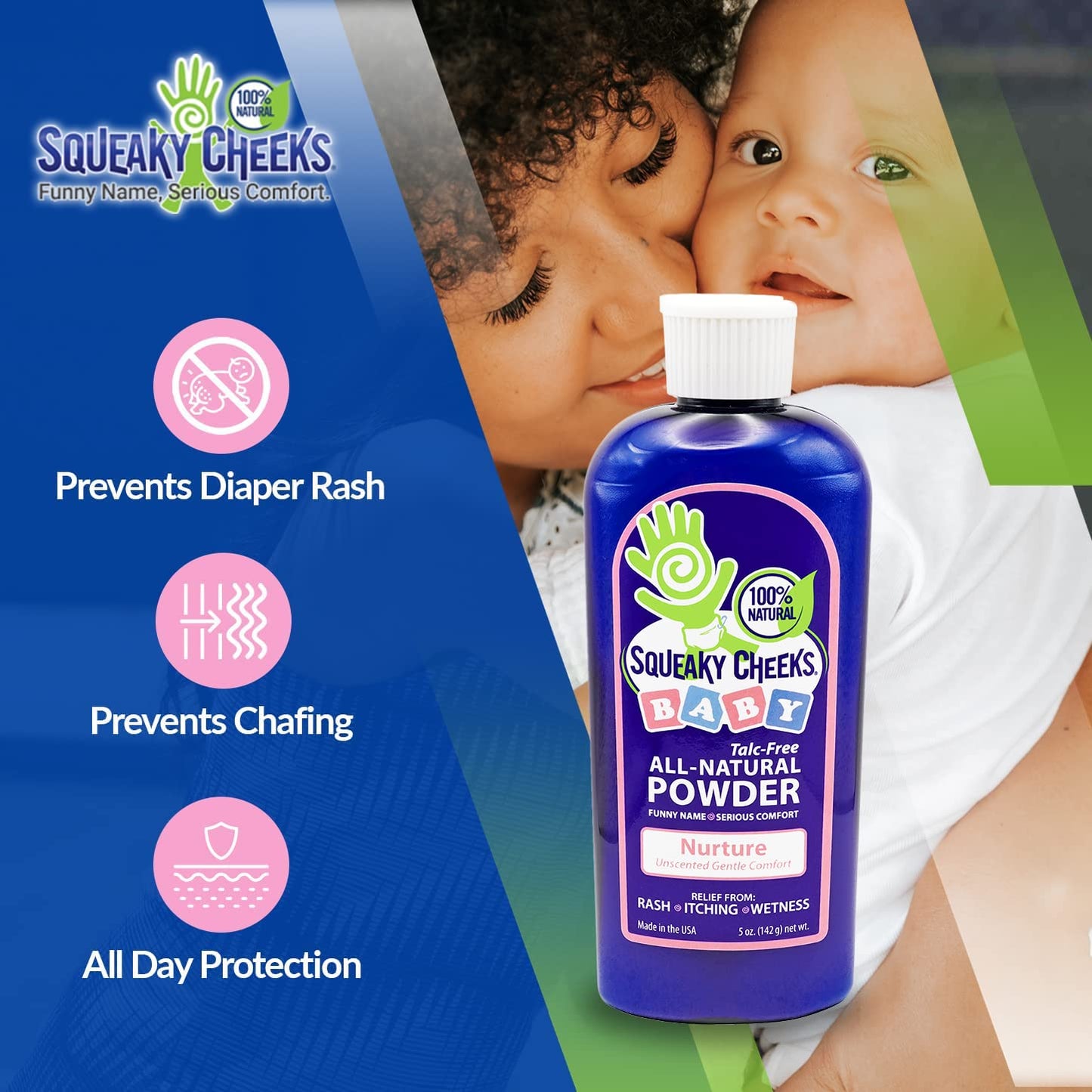 Squeaky Cheeks Baby Powder (5Oz) | Organic | Unscented Talc-Free And All Natural Powder | Effective Relief From Rash Wetness And