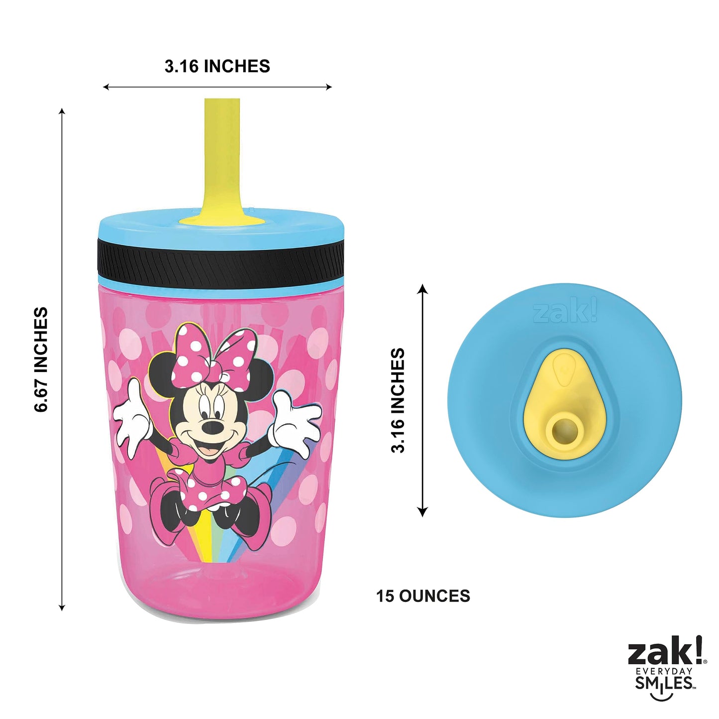 Zak Designs Disney Kelso Tumbler 15 Oz Set (Minnie Mouse) Leak-Proof Screw-On Lid With Straw, Made Of Durable Plastic And Silico