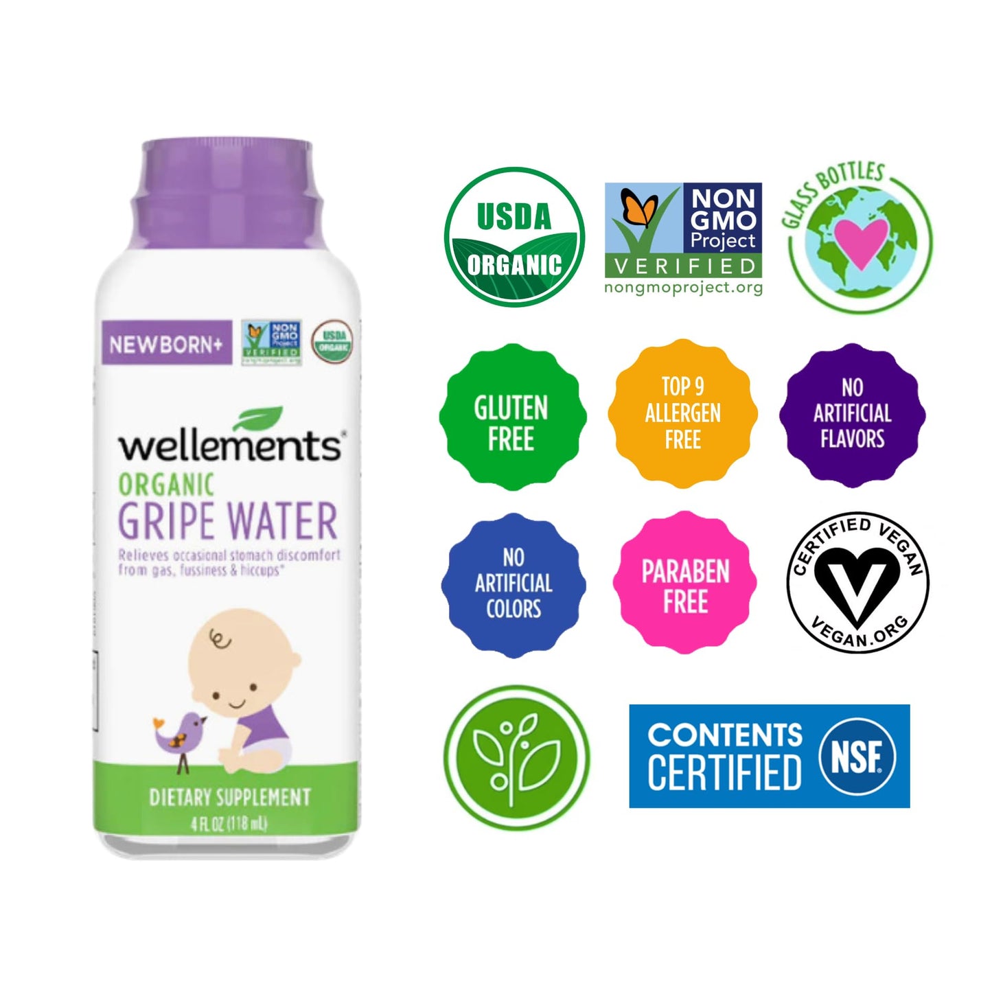 Wellements Gripe Water 4 Fl Oz (Pack Of 2) Relieves Occasional Stomach Discomfort From Gas, Fussiness & Hiccups, Usda Certified