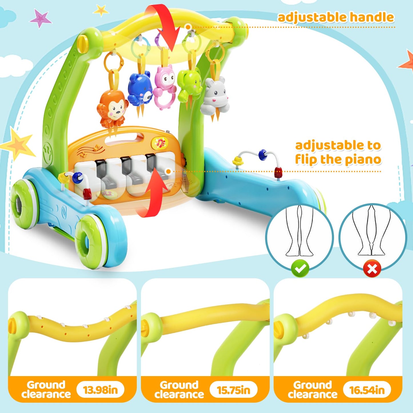 Baby Gym Play Mat With Walker, 2 In 1 Kick And Play Piano Activity Center With Light & Music, Tummy Time Mat & Baby Push Toys Fo