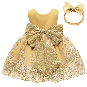 Cmmchaah Toddler Girls Big Bowknot Dresses Baby Little Girls Lace Embroidery Wedding Party Ball Gown Dress (Yellow,120)