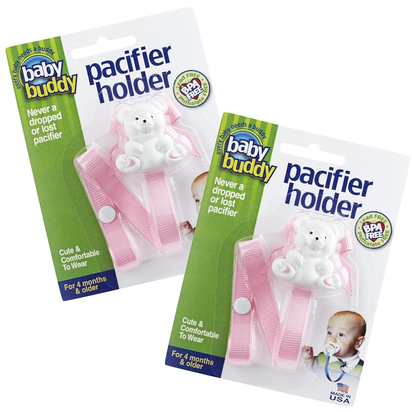 Baby Buddy Pacifier Clip Holder, Newborn Essential with Universal Fit for all Binky and Teether Brands, Ages 4+ Months, Light Pi