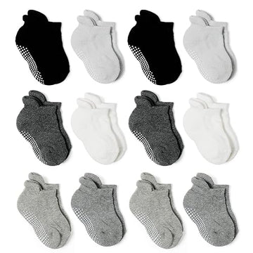 Epeius Baby Socks Toddler Non-Slip Socksthick Cotton Ankle Socks With Grips Kids Boys Girls Cozy Cushion Low Cut Socks 12 Pack,B