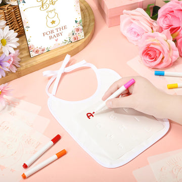 Panitay 100 Pcs Diy Baby Bibs Decorating Kit 50 White Bibs 25 Stencils 24 Fabric Markers 1 Baby Shower Game Sign(Flower)