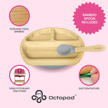 Abiie Octopod Bamboo Dish - Kids Plates For 4 Months And Up, 3-Compartment Baby Plates With Suction, Triangle Bamboo Baby Plate,