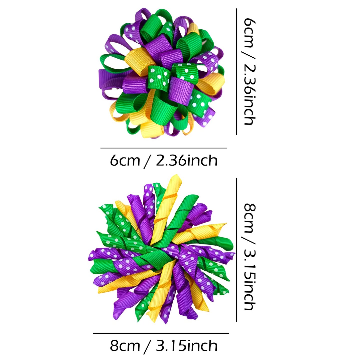 Mardi Gras Korker Hair Bows 3'' Girls Curly Corker Bow Alligator Clips Purple Yellow Green Grosgrain Ribbon Fireworks Flowerball
