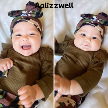 Aalizzwell Newborn Infant Baby Girls Clothes Ribbed Romper Bodysuit Army Green Pants Set Fall Winter Outfits Camouflage Camo 3-6