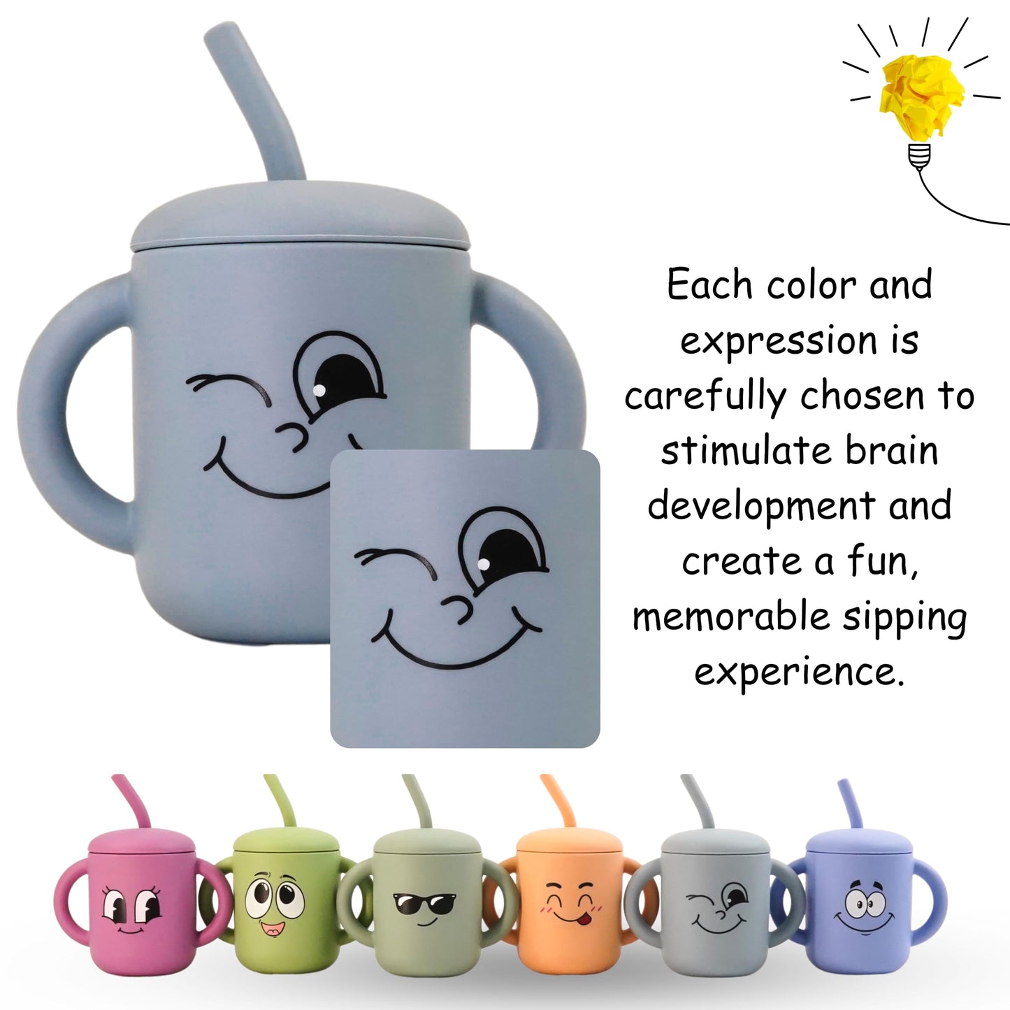 Fumiko Sippy Cups For Toddlers 1-3 - Adorable Personality Designs, Built-In Straw Lock, Easy-Grip Handles, (Winky Grey)