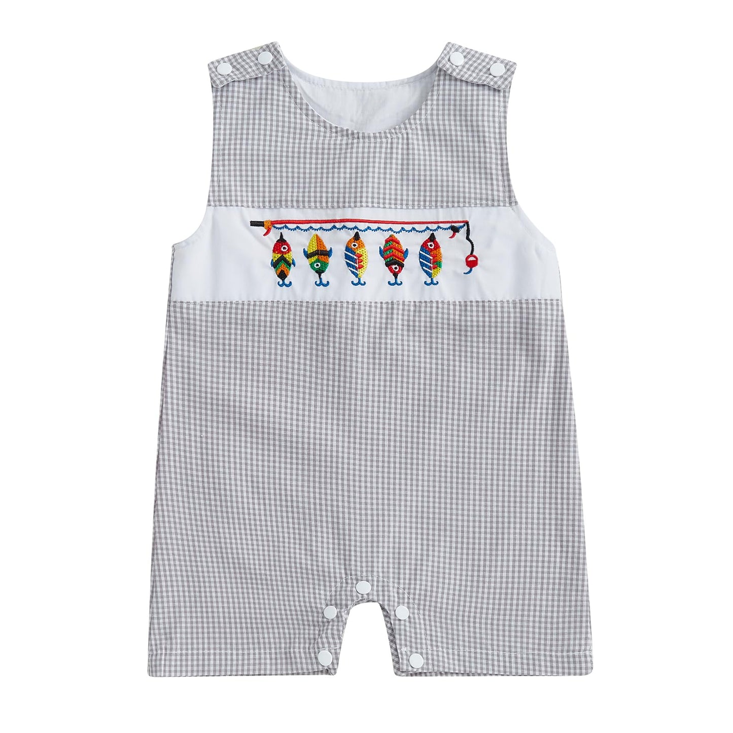BemeyourBBs Newborn Baby Boy Romper Sleeveless Jumpsuit One Piece Outfit Overall Summer Clothes (Plaid Fishing Gray, 0-3 Months)