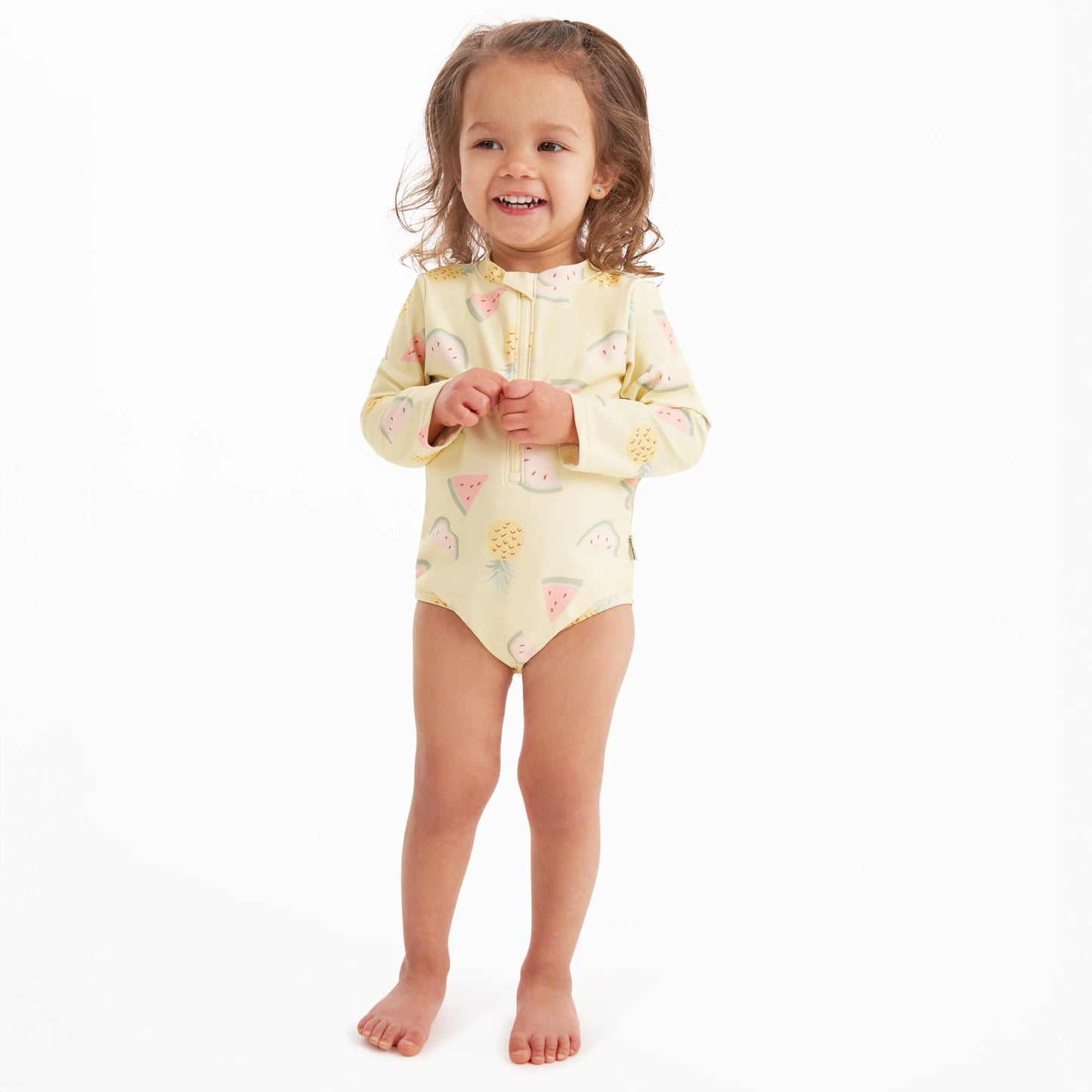 Gerber Girls' Toddler Long Sleeve One Piece Rashguard Swimsuit, Yellow Fruit