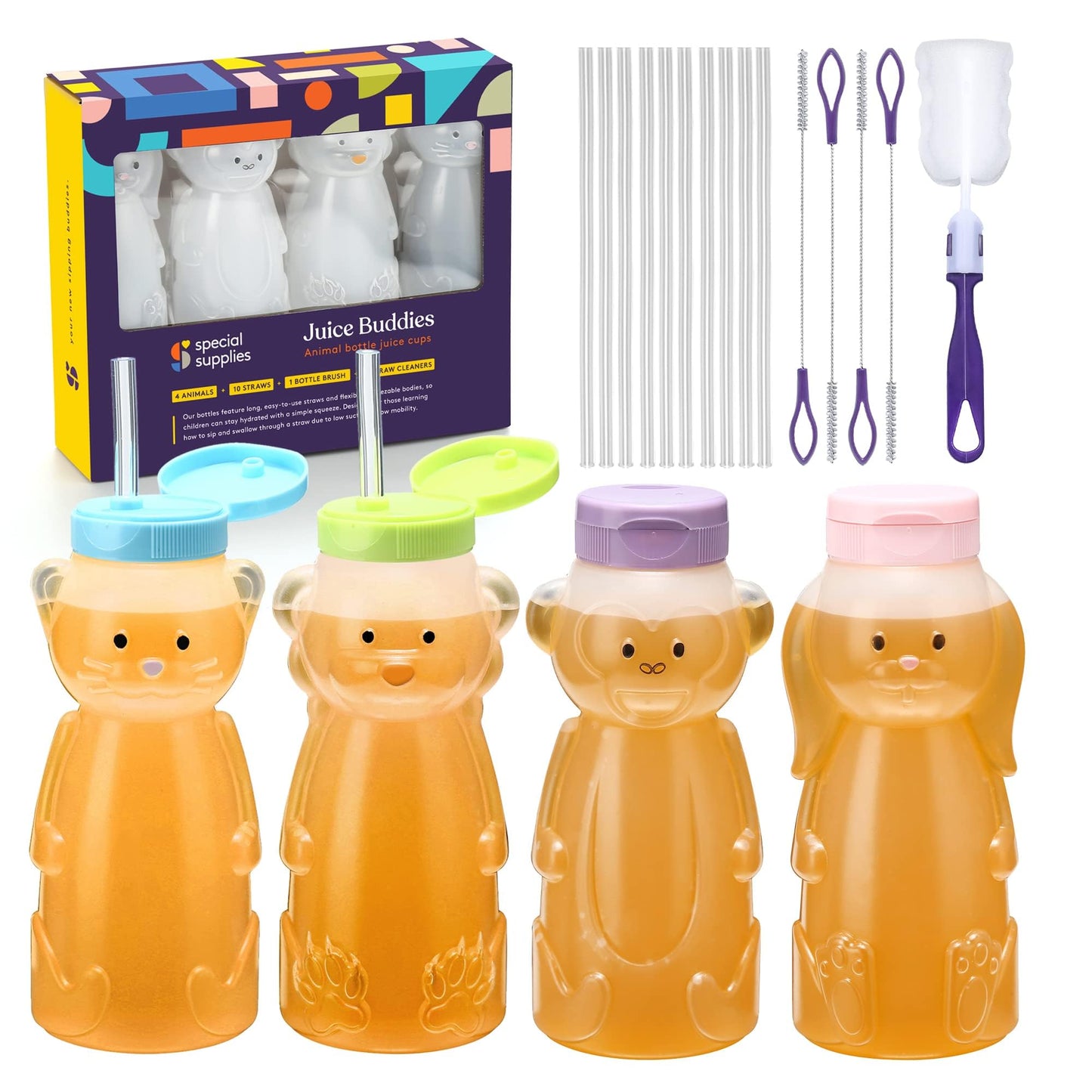 Special Supplies Honey Bear Straw Cup For Babies, 4-Pack, Fun Animal-Shaped Baby Led Weaning Training Drink For Straw Training A