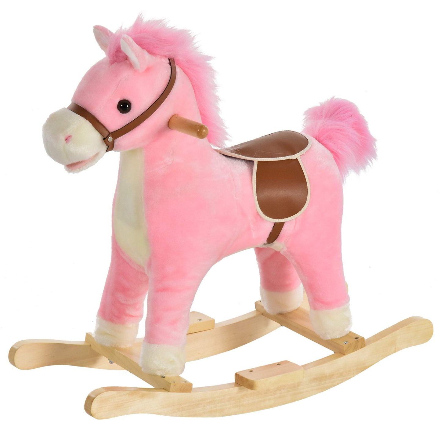 Qaba Rocking Horse Plush Animal on Wooden Rockers, Baby Rocking Chair with Sounds, Moving Mouth, Wagging Tail, Pink