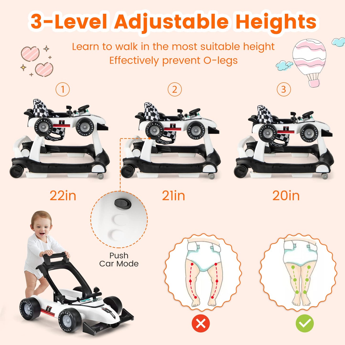 Honey Joy 4-In-1 Baby Walker, Activity Push Walker W/3 Adjustable Heights, Smooth Wheels W/Adjustable Speed, Padded Seat, Music
