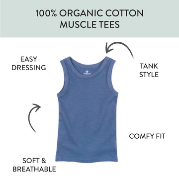 Honestbaby Sleeveless Muscle T-Shirts 100% Organic Cotton For Infant Baby And Toddler Boys, Girls, 5-Pack Ombre Blues, 0-3 Month