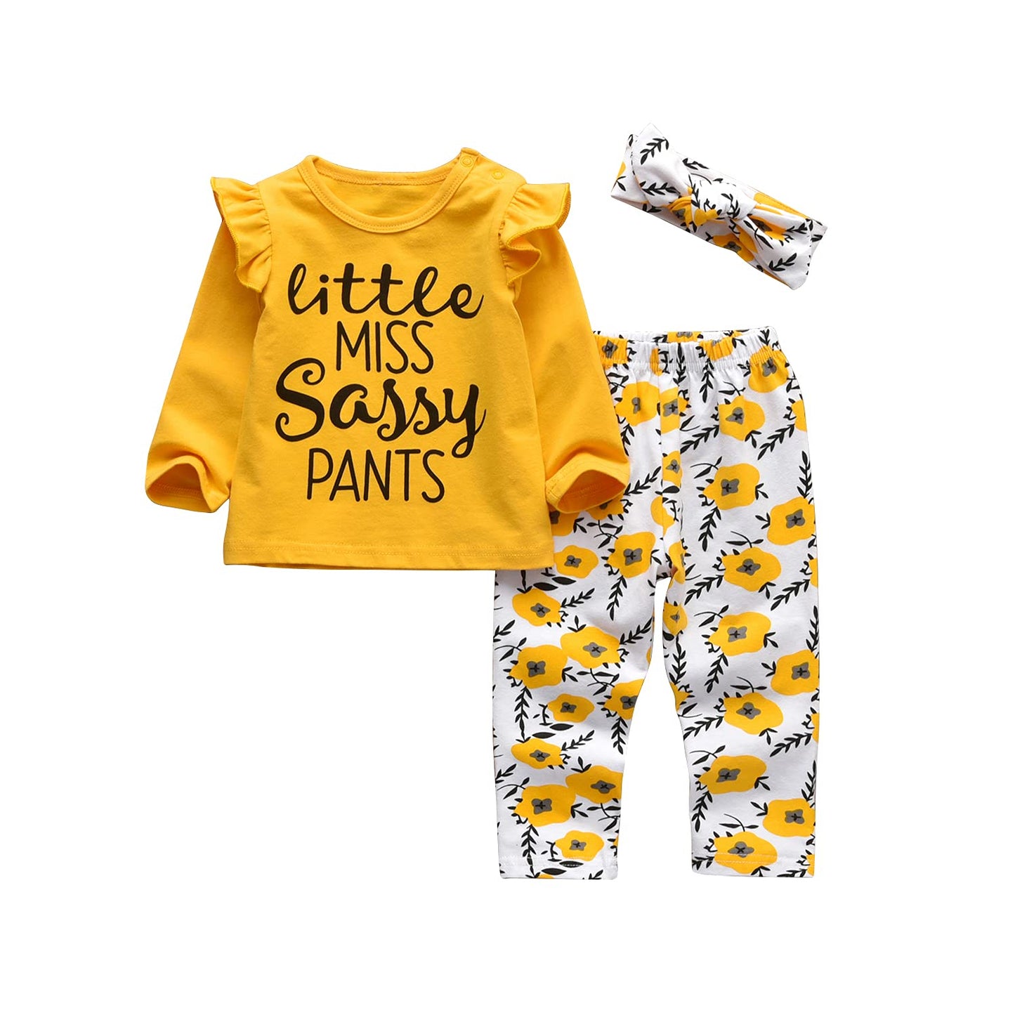 3Pcs Baby Girl Clothes Little Miss Sassy Pants Long Sleeve Letter Tops Flowers Pants And Headband Outfit Set (12-18 Months)