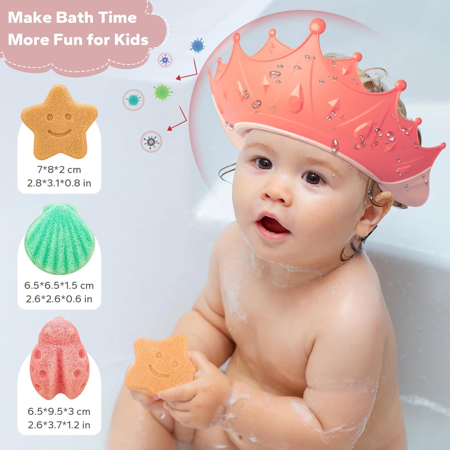Funupup Baby Shower Cap For Kids With Baby Bath Sponge Adjustable Bath Visor For Toddlers Baby Hair Washing Shield With Baby Spo