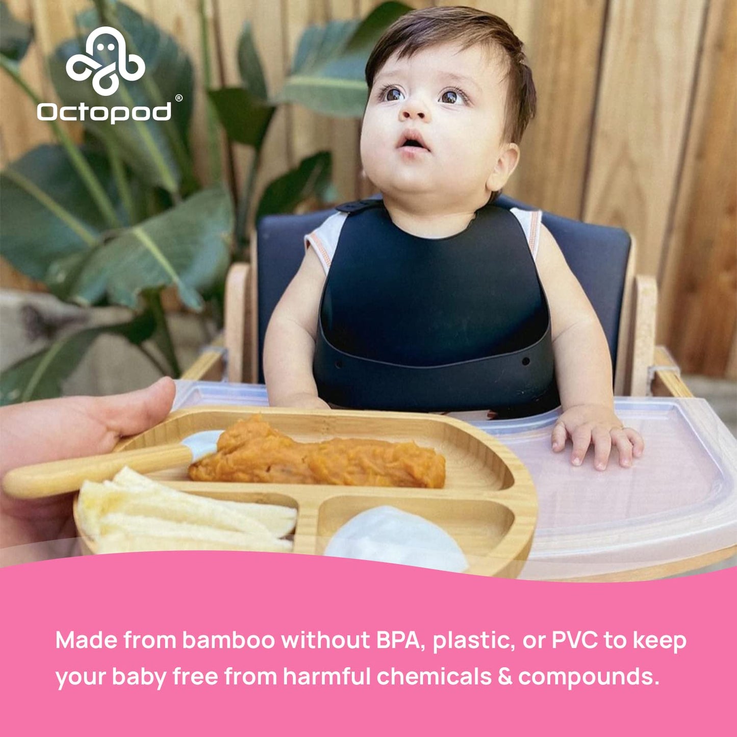 Abiie Octopod Bamboo Dish - Kids Plates For 4 Months And Up, 3-Compartment Baby Plates With Suction, Triangle Bamboo Baby Plate,