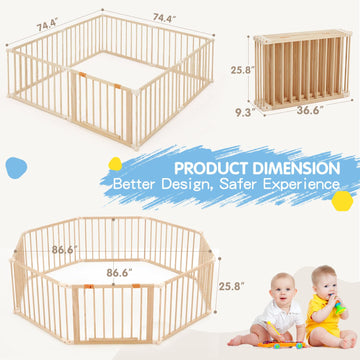 Hommow Wooden Baby Playpen Extra Large, 74?74Foldable Play Fence For Babies And Toddlers,Safety Play Yard With Locking Gate, Cha