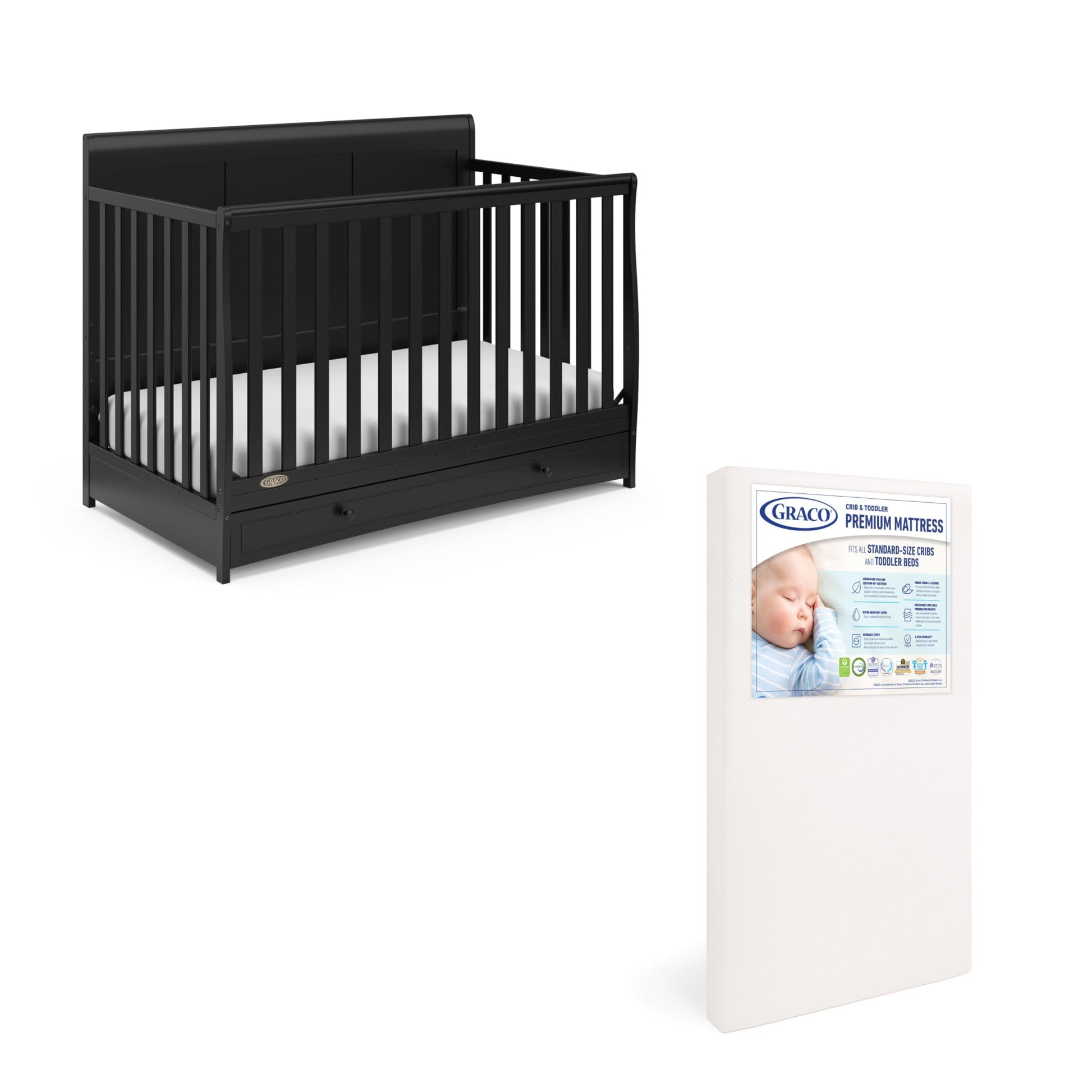 Graco Asheville 4-In-1 Convertible Crib W/Drawer-Black Premium Foam Crib & Toddler Mattress