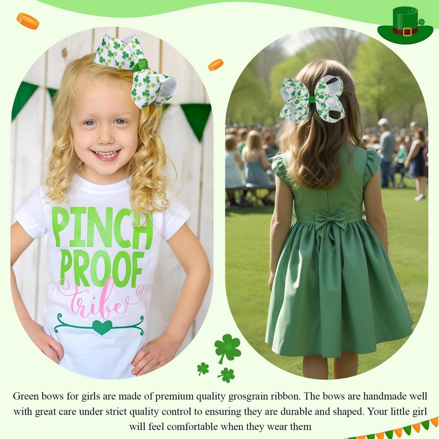 Oaoleer 2Pcs St. Patrick Hair Bows For Girls, Green Bows Hair Alligator Clips Hair Barrettes For Baby Girls Infants Toddlers Kid