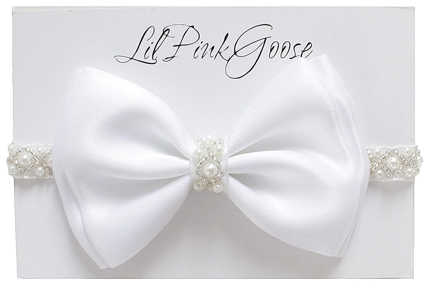 LilPinkGoose 0-12 Newborn Baby Baptism Pearl Headband or Clip with Bow in WHITE Christening Headband with Satin Bow, Pearl Rhine