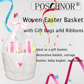 Poschnor Easter Gift Basket Empty With Gift Bags And Ribbons, Easter Bunny Basket, Small Woven Rope Baskets For Organizing, Bask