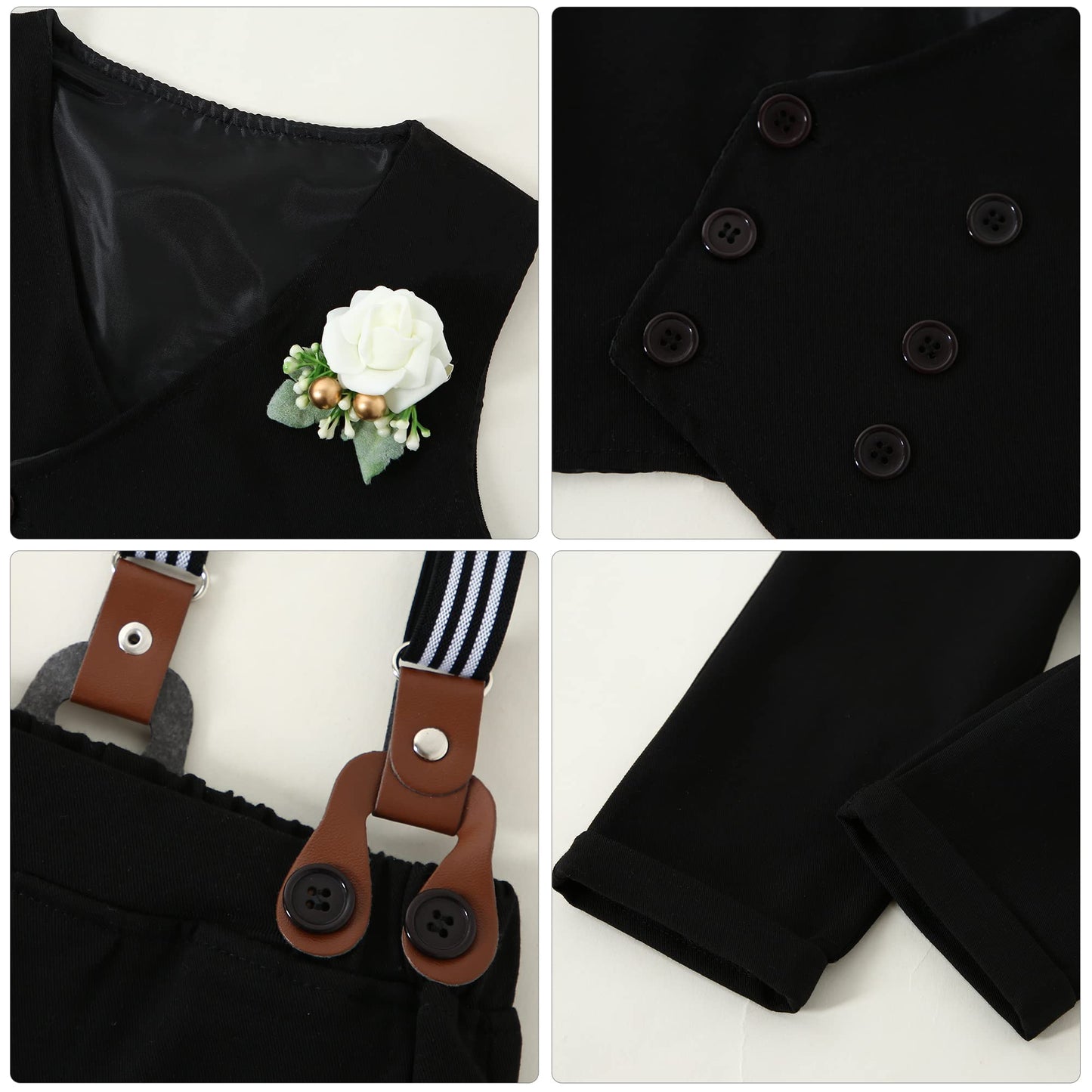 Yallet Toddler Baby Boy Clothes Suit Gentleman Wedding Outfits, Formal Dress Shirt+Bowtie+Vest+Boutonniere+Suspender Pants(V Bla
