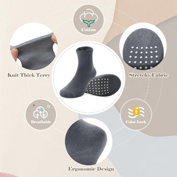 Jakidar 12 Pack Baby Socks Cotton Crew Toddler Socks Grips Non Slip Bottom Kids Socks, Brown Indigo Blue Haze Khaki Gray 4-7T