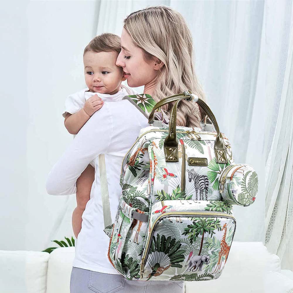 Qwreoia Tropical Rainforest Diaper Bag Backpack,Animal Nappy Backpack With Coin Bag Usb Charging Port Stroller Straps And Insula