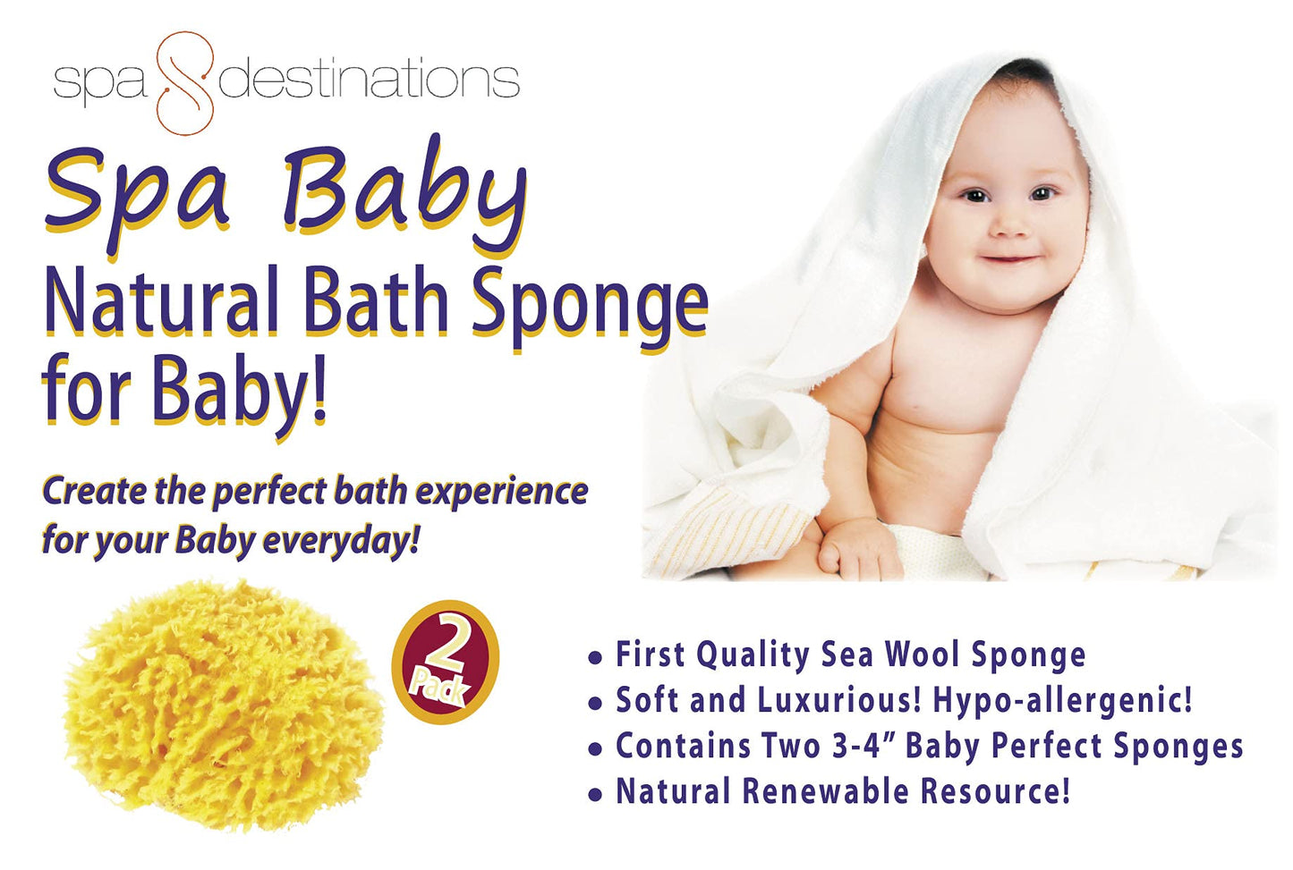 Spa Baby Absorbent Natural Bath Sponge Spa Destinations. Ultra Soft Premium Sea Wool Sponge, Biodegradable, Bath Accessories Bab