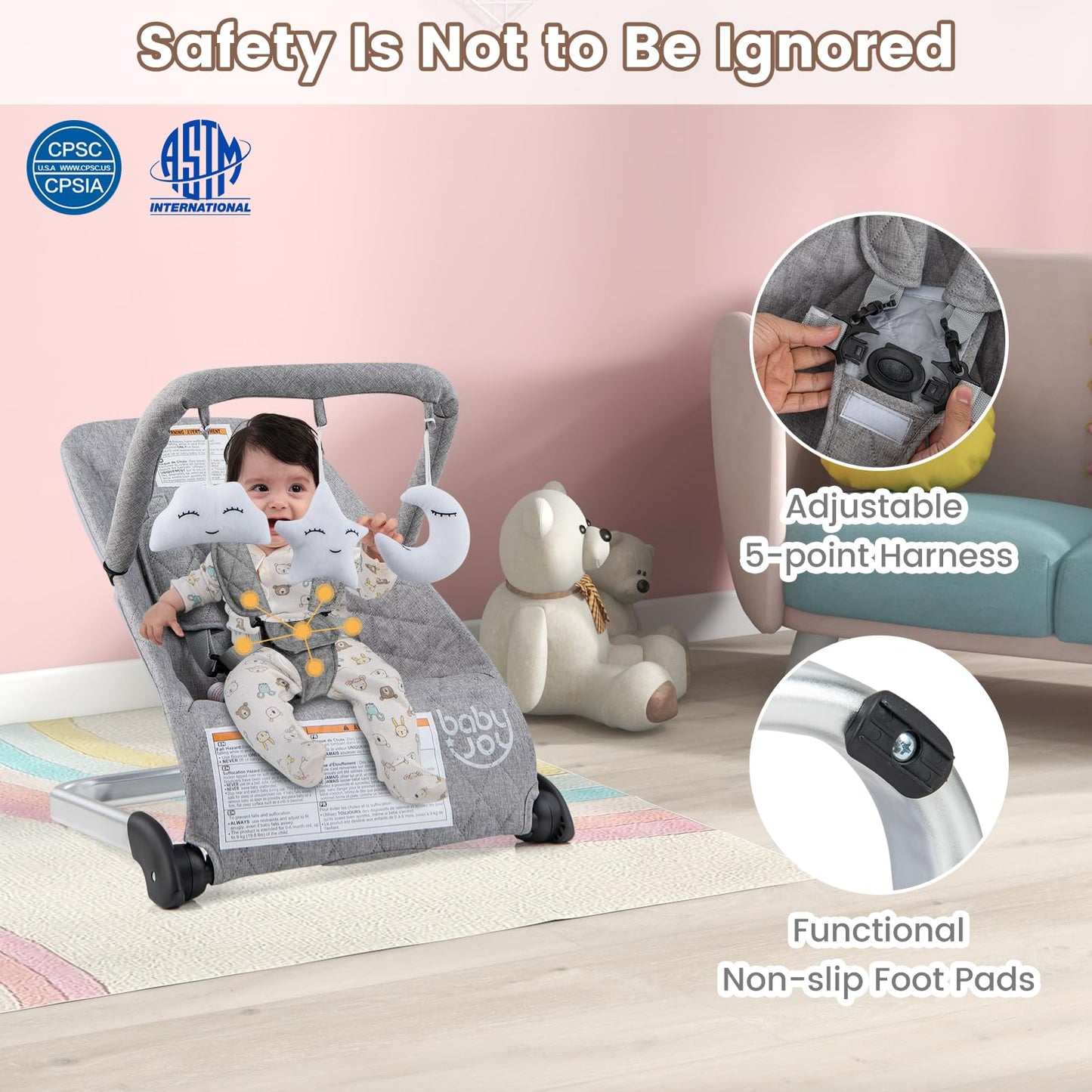 Baby Joy Baby Bouncer, Foldable Baby Bouncer Seat With 5-Point Safety Harness, Removable Fabric Cover & 3 Plush Toys, Portable I